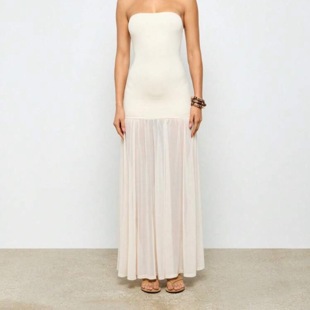 Strapless Bandeau Pleated Maxi Evening Dress Mesh Overlay Bottom